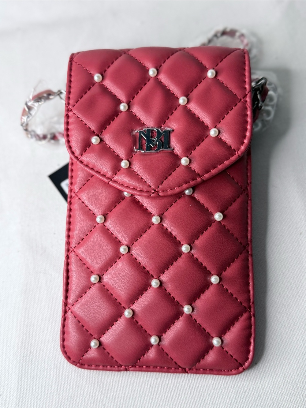 Badgley Mishchka Red Quilted Phone Crossbody with Pearl Accents